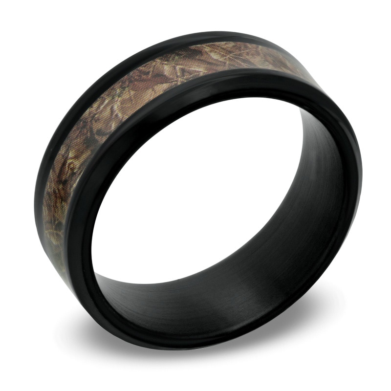 Main Image 2 of Men's 8.0mm Black Stainless Steel Dark Camouflage Inlay Comfort Fit Wedding Band