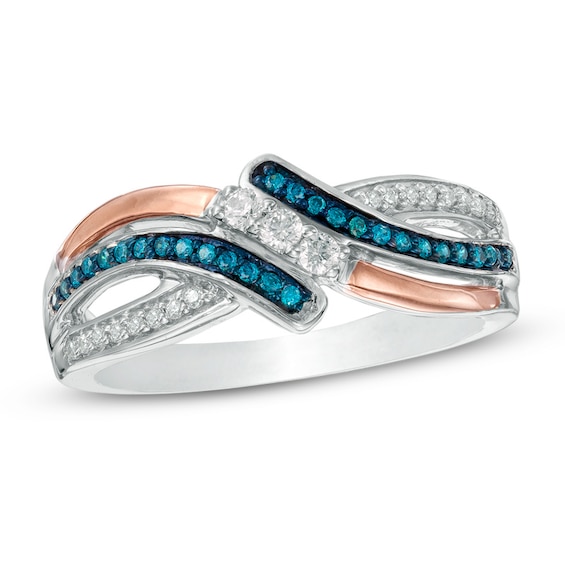 1/4 CT. T.w. Enhanced Blue and White Diamond Three Stone Bypass Ring in Sterling Silver and 10K Rose Gold