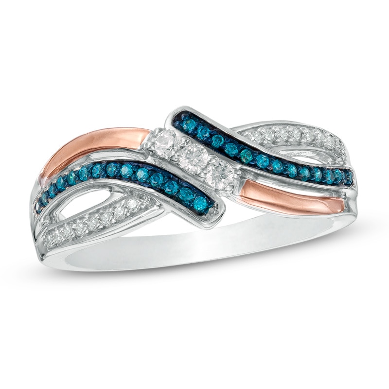 1/4 CT. T.W. Enhanced Blue and White Diamond Three Stone Bypass Ring in Sterling Silver and 10K Rose Gold