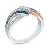 Thumbnail Image 1 of 1/4 CT. T.W. Enhanced Blue and White Diamond Three Stone Bypass Ring in Sterling Silver and 10K Rose Gold