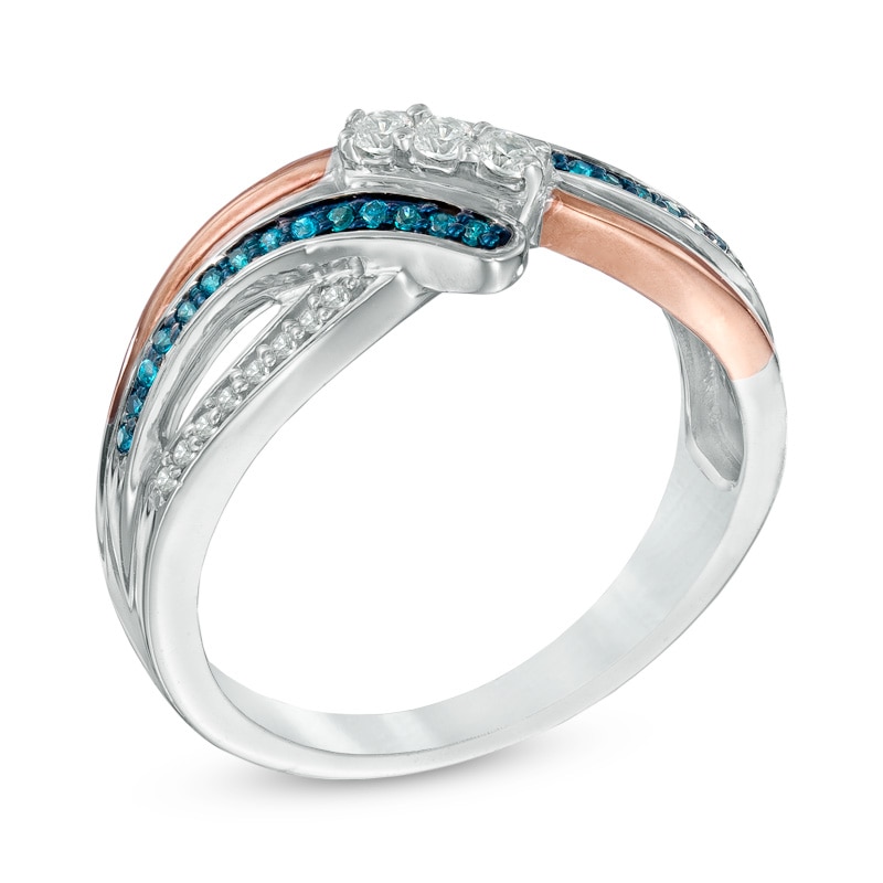 Main Image 2 of 1/4 CT. T.W. Enhanced Blue and White Diamond Three Stone Bypass Ring in Sterling Silver and 10K Rose Gold