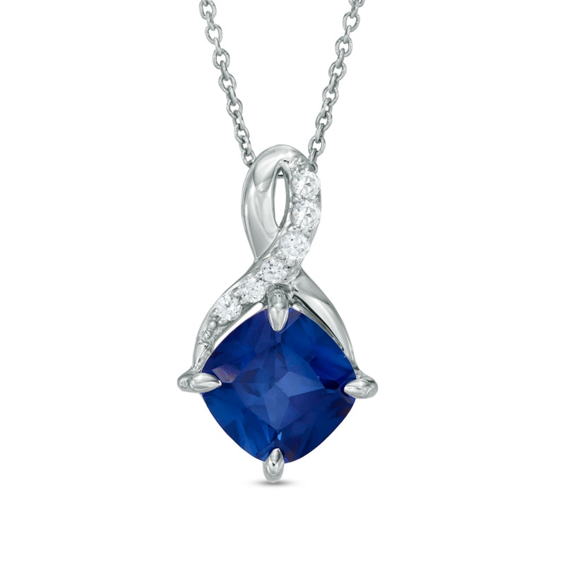 Main Image 1 of 8.0mm Cushion-Cut Lab-Created Blue and White Sapphire Infinity-Style Pendant in Sterling Silver