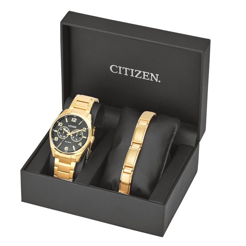 Main Image 2 of Men's Citizen Eco-Drive® Gold-Tone Watch and Bracelet Boxed Set (Model: AO9022-62E)