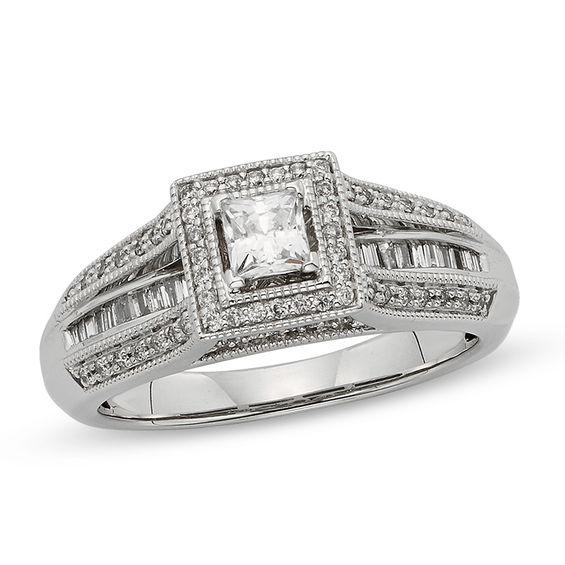 1/2 CT. T.W. Princess-Cut Diamond Frame Vintage-Style Engagement Ring ...