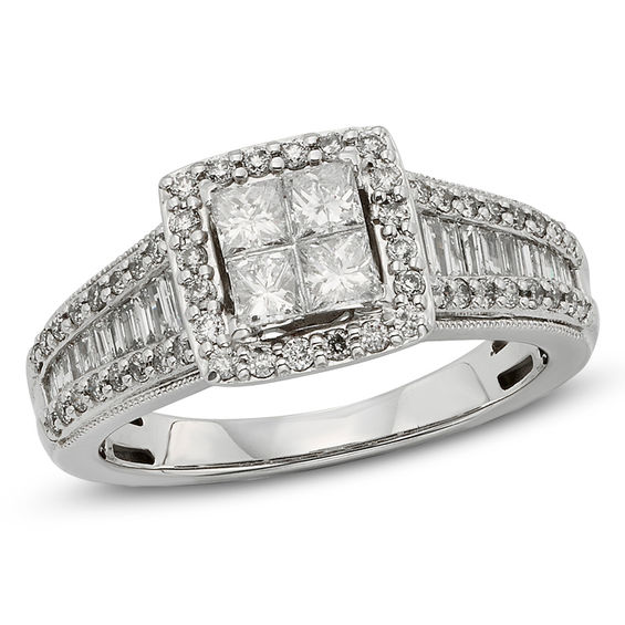 1 CT. T.W. Quad Princess-Cut Diamond Frame Engagement Ring in 10K White ...