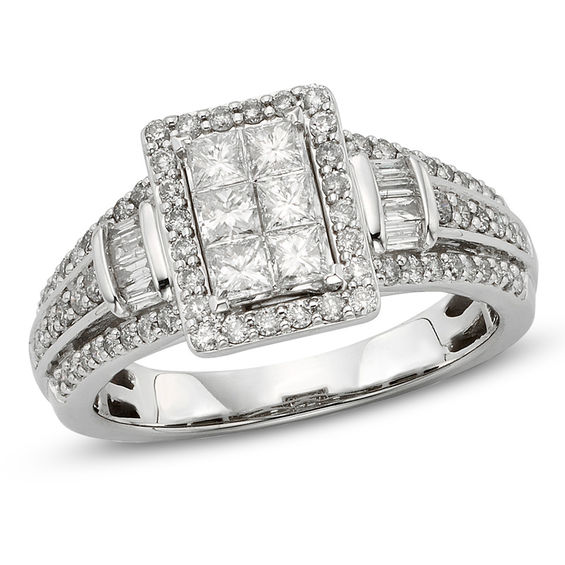 1 CT. T.W. Princess-Cut Diamond Rectangular Frame Engagement Ring in ...