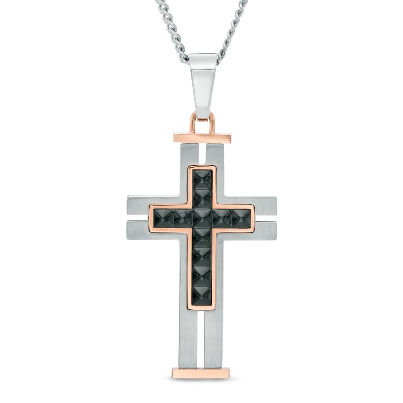 Men's Textured Cross Pendant in Tri-Tone Stainless Steel - 24"
