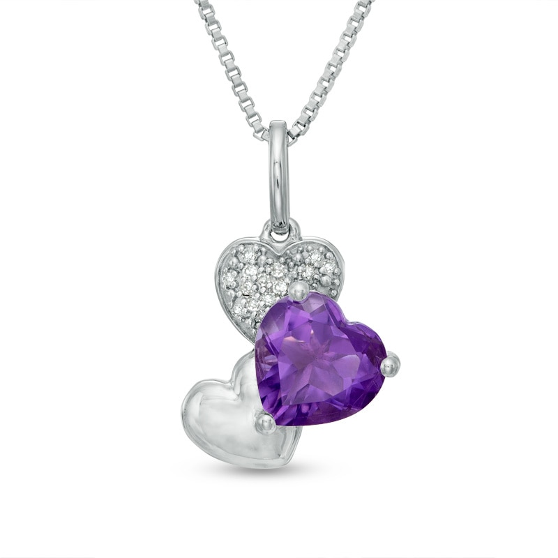8.0mm Heart-Shaped Amethyst and Diamond Accent Triple Heart Pendant in Sterling Silver