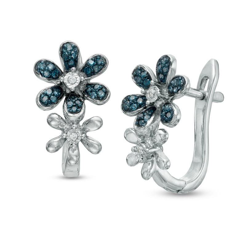 1/6 CT. T.W. Enhanced Blue and White Diamond Flower Hoop Earrings in Sterling Silver