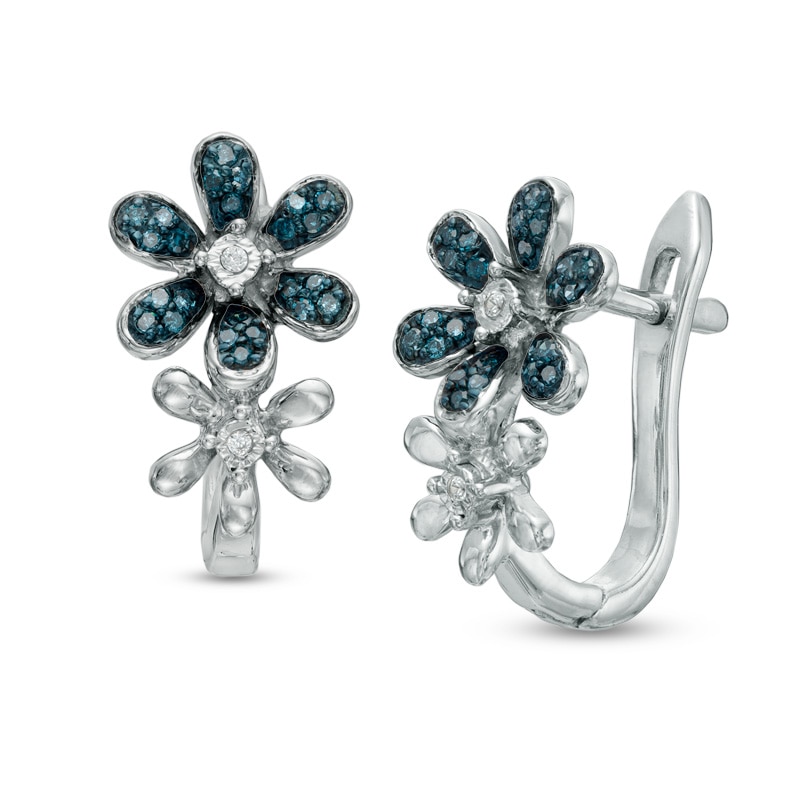 Main Image 1 of 1/6 CT. T.W. Enhanced Blue and White Diamond Flower Hoop Earrings in Sterling Silver