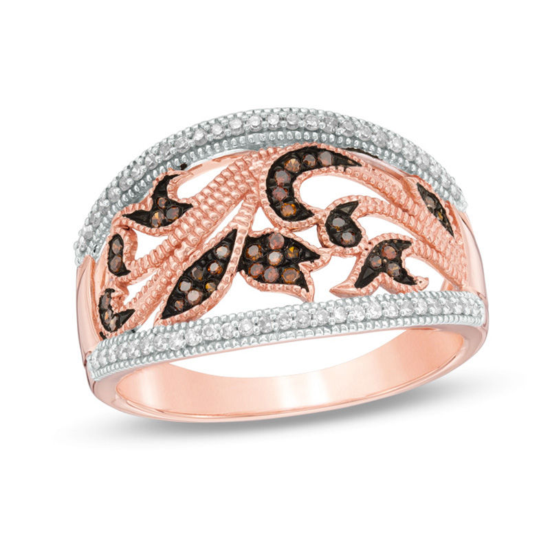 Main Image 1 of 1/4 CT. T.W. Enhanced Cognac and White Diamond Vintage-Style Scroll Ring in 10K Rose Gold