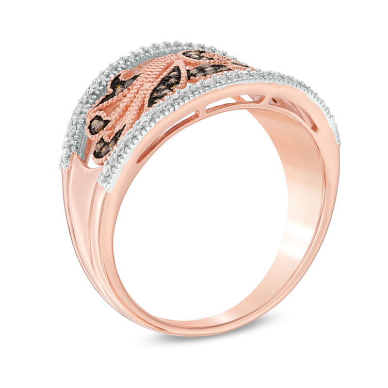 1/4 CT. T.W. Enhanced Cognac and White Diamond Vintage-Style Scroll Ring in 10K Rose Gold
