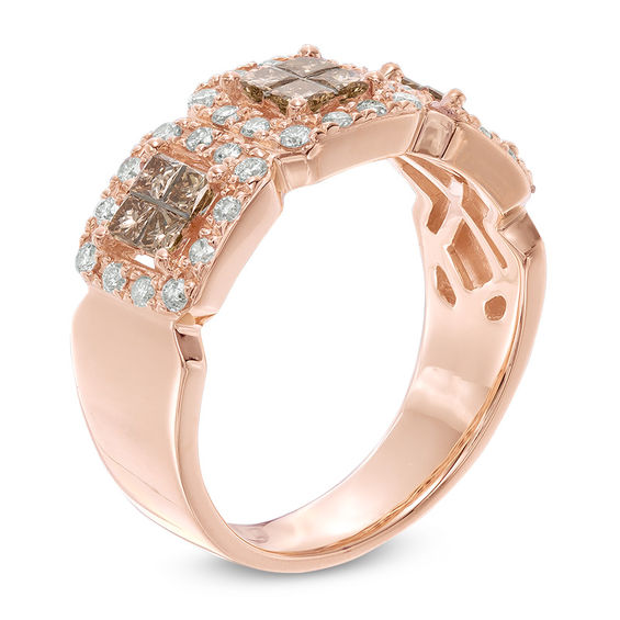 1 CT. T.w. Quad Princess-Cut Champagne and White Diamond Cluster Frame Three Stone Ring in 10K Rose Gold