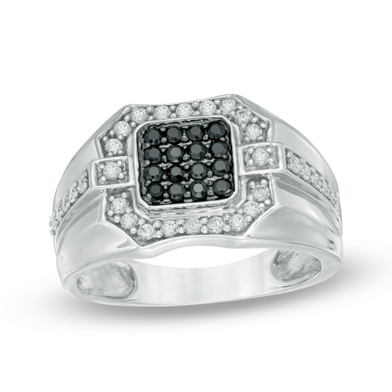 Men's 3/4 CT. T.W. Enhanced Black and White Diamond Square Composite Ring in Sterling Silver