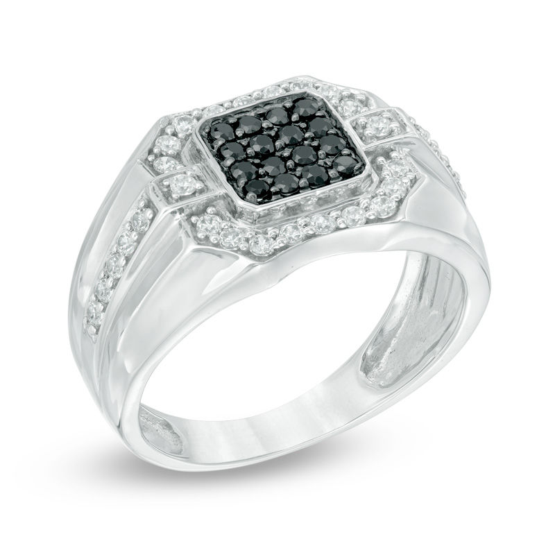 Men's 3/4 CT. T.W. Enhanced Black and White Diamond Square Composite Ring in Sterling Silver