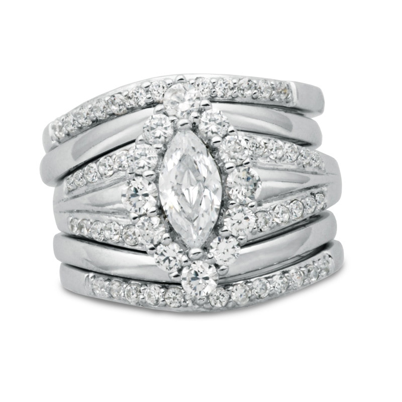 Marquise-Cut Lab-Created White Sapphire Frame Five Piece Stackable Ring Set in Sterling Silver