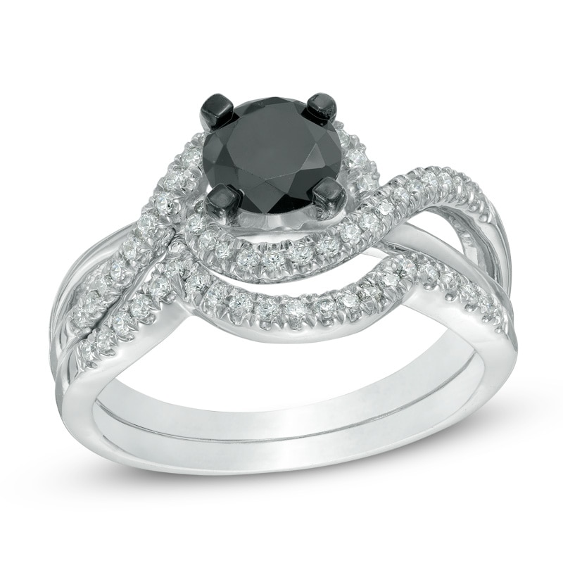 1-1/5 CT. T.W. Enhanced Black and White Diamond Swirl Bridal Set in 10K White Gold