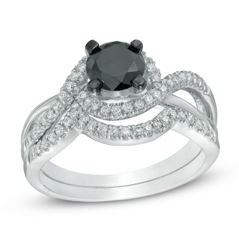 Main Image 1 of 1-1/5 CT. T.W. Enhanced Black and White Diamond Swirl Bridal Set in 10K White Gold