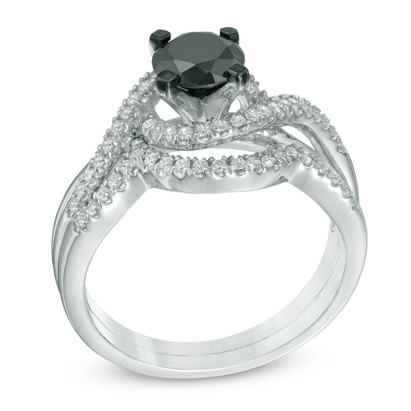 Main Image 2 of 1-1/5 CT. T.W. Enhanced Black and White Diamond Swirl Bridal Set in 10K White Gold