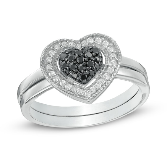 1/4 CT. T.W. Enhanced Black and White Diamond Heart Cluster Bridal Set in Sterling Silver 1/4 CT. T.W. Enhanced Black and White Diamond Heart Cluster Bridal Set in Sterling Silver
