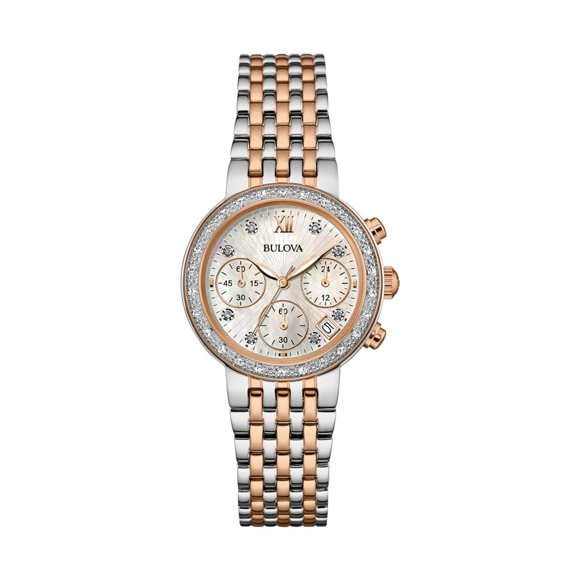 Ladies' Bulova Diamond Accent Two-Tone Watch with Mother-of-Pearl Dial (Model: 98R215)