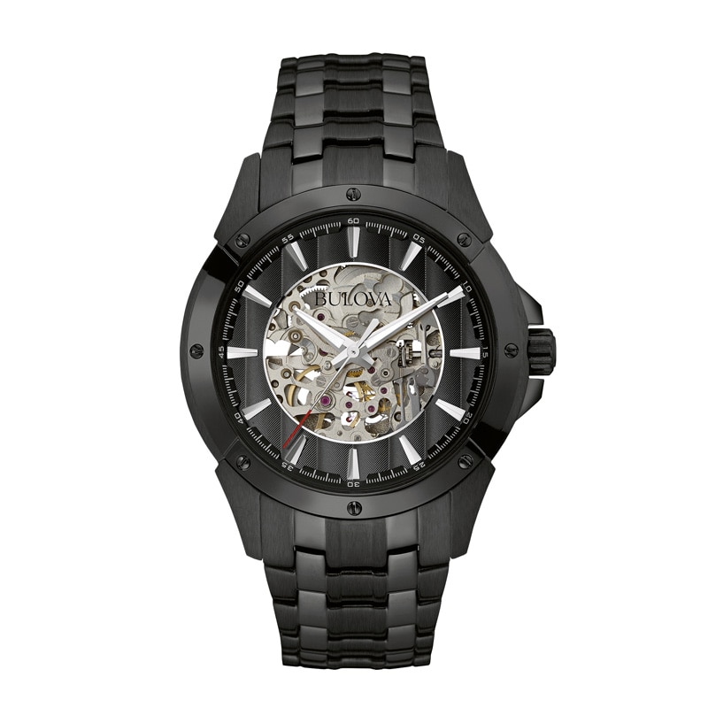 Men's Bulova Automatic Black IP Watch with Skeleton Dial (Model: 98A147)