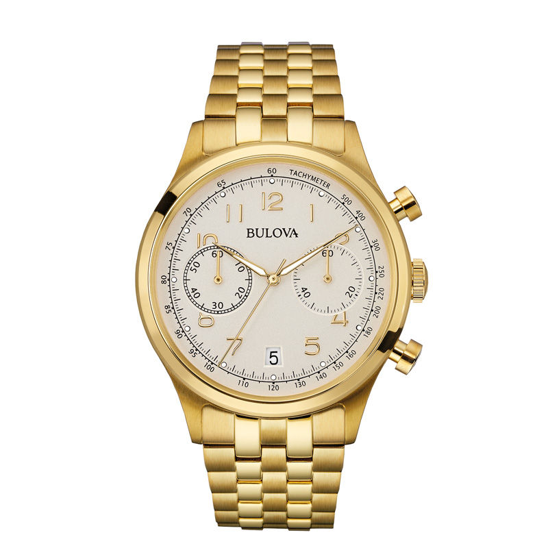 Ladies' Bulova Chronograph Gold-Tone Watch with Silver-Tone Dial (Model: 97B149)