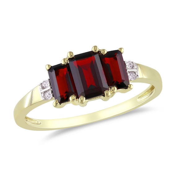 Emerald-Cut Garnet and Diamond Accent Three Stone Ring 10K Gold