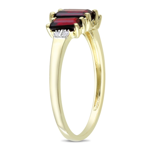 Emerald-Cut Garnet and Diamond Accent Three Stone Ring 10K Gold