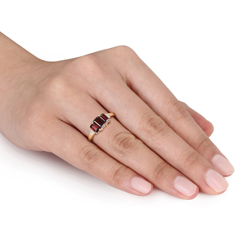 Emerald-Cut Garnet and Diamond Accent Three Stone Ring in 10K Gold