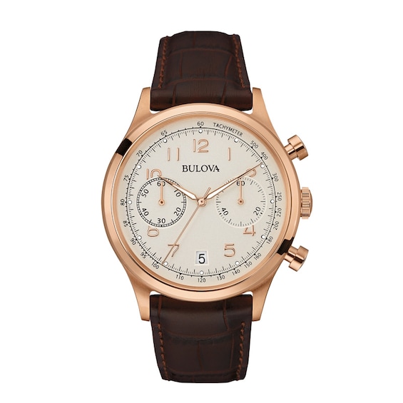 Men's Bulova Chronograph Rose-Tone Strap Watch with Silver-Tone Dial (Model: 97B148)