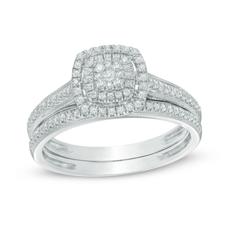 Main Image 1 of 1/3 CT. T.W. Composite Diamond Double Square Frame Vintage-Style Bridal Set in 10K White Gold