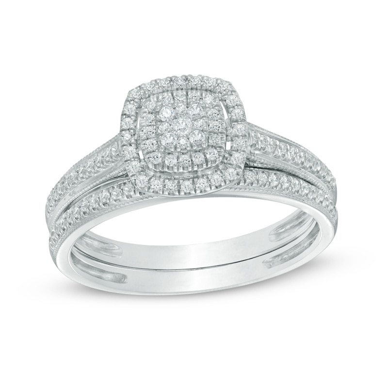 1/3 CT. T.W. Composite Diamond Double Square Frame Vintage-Style Bridal Set in 10K White Gold