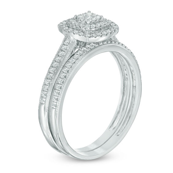 デュエット ホワイトフレーム 1/3 CT. T.W. Cushion-Shaped Multi-Diamond Double Frame Twist Shank
