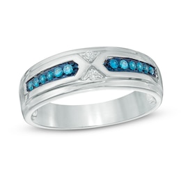 1/6 CT. T.W. Blue and White Diamond Pointed Double Ribbon Wedding Band in 10K White Gold