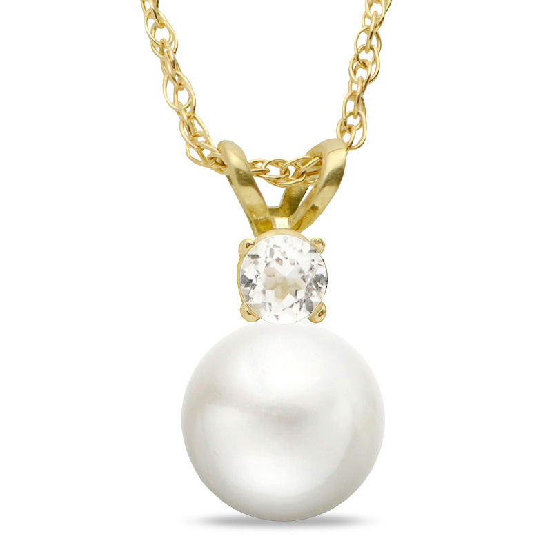 7.5 - 8.0mm Cultured Freshwater Pearl and White Topaz Pendant in 10K Gold