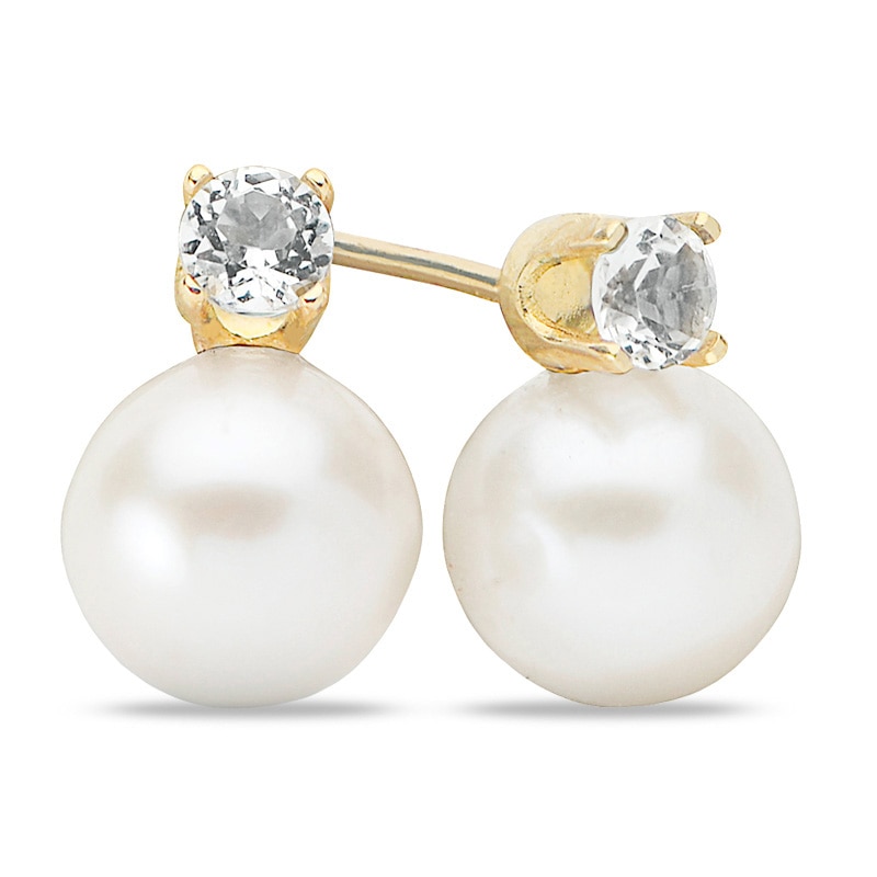 Main Image 1 of 7.0-7.5mm Freshwater Cultured Pearl and White Topaz Stud Earrings in 10K Gold