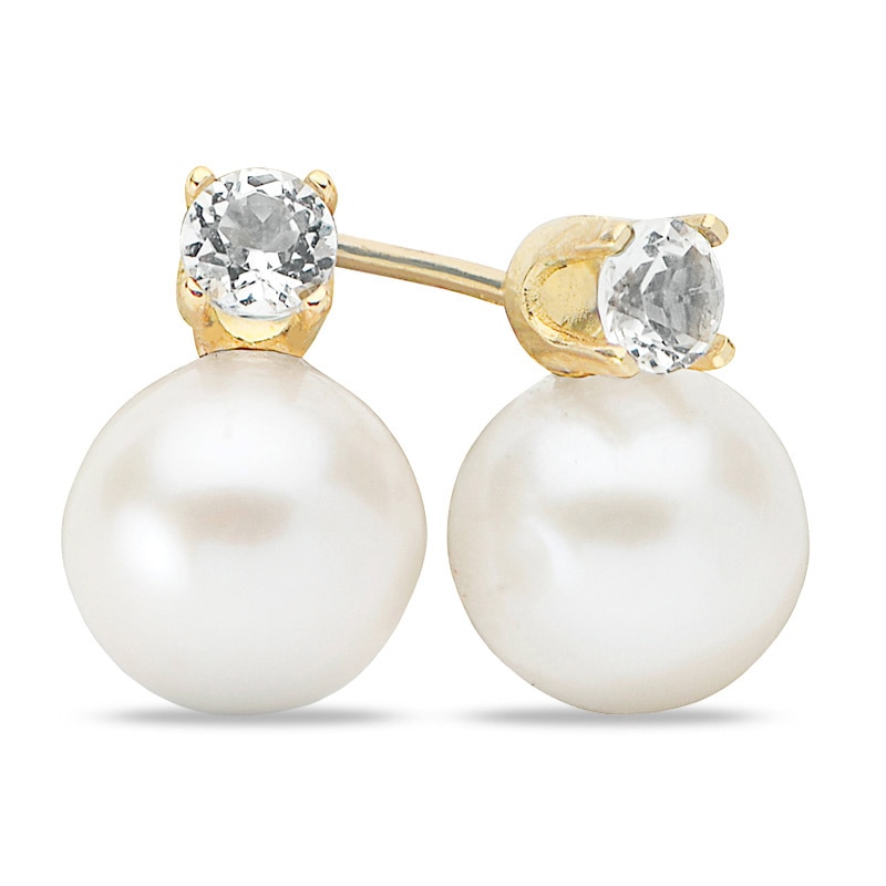 7.0 - 7.5mm Cultured Freshwater Pearl and White Topaz Stud Earrings in 10K Gold