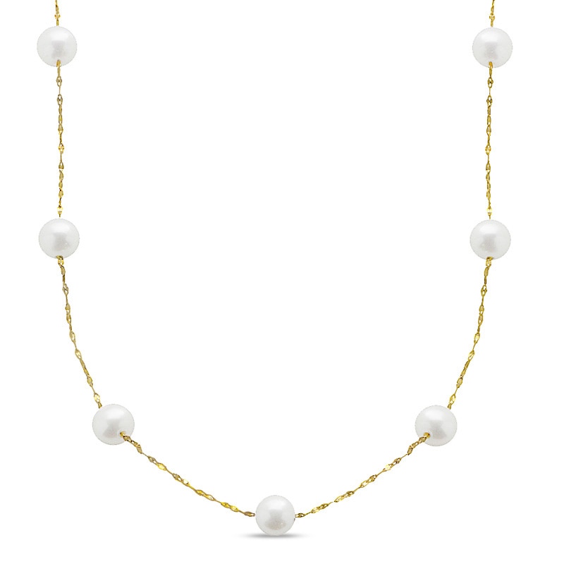 7.0-7.5mm Freshwater Cultured Pearl Station Necklace in 14K Gold