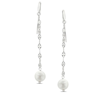 White Real Freshwater Pearl Platinum Plated Polished Thread Drop Earrings Gift
