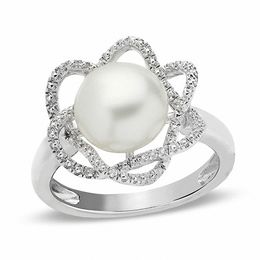 Pearl Rings Zales 9 0 10 0mm Cultured Freshwater Pearl And Diamond Accent Ring In Sterling Silver