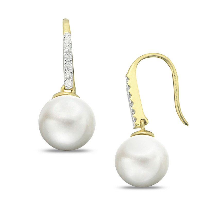 8.0 - 9.0mm Cultured Freshwater Pearl and Diamond Accent Drop Earrings in 14K Gold