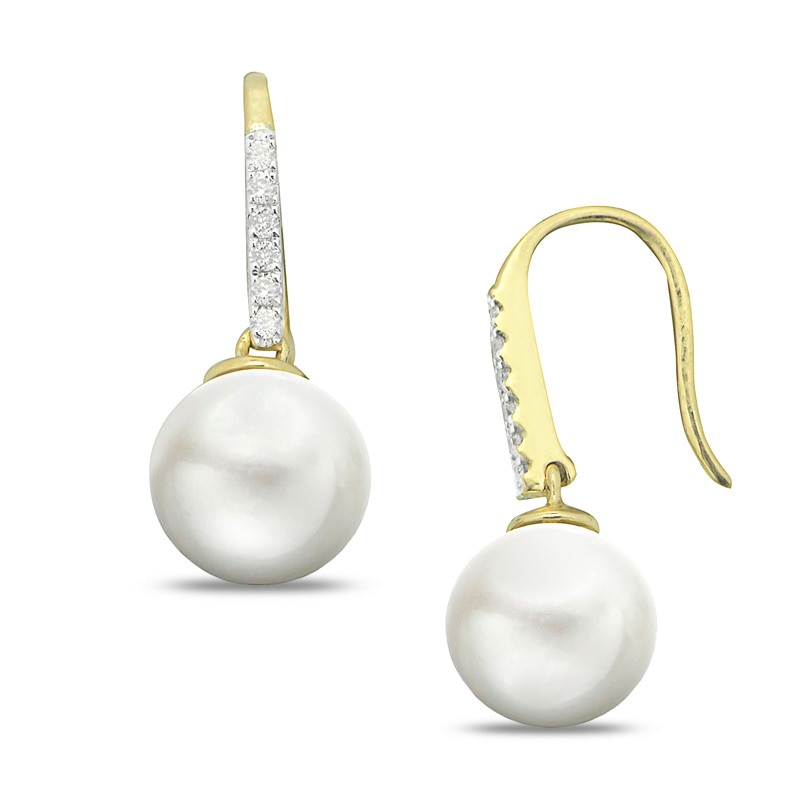Main Image 1 of 8.0-9.0mm Freshwater Cultured Pearl and Diamond Accent Drop Earrings in 14K Gold