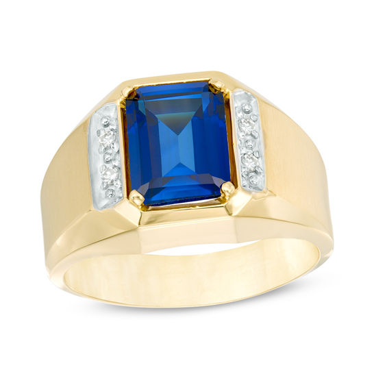 Men's Octagonal Lab-Created Blue Sapphire and Diamond Accent Ring in ...