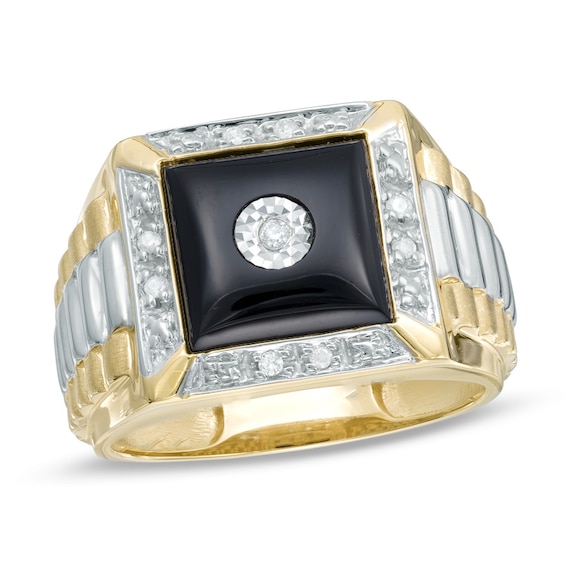 Men's 11.0mm Square Onyx and 1/10 CT. T.W. Diamond Brick Ring in 10K ...