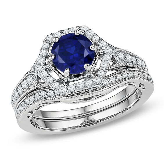 7.0mm LabCreated Blue Sapphire and 3/8 CT. T.W. Diamond