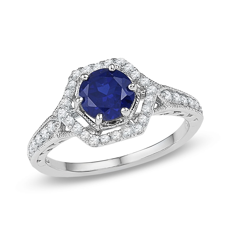 7.0mm Lab-Created Blue Sapphire and 3/8 CT. T.W. Diamond Bridal Set in 10K White Gold