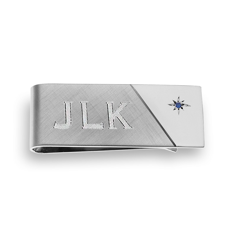 Men's Blue Sapphire Starburst Florentine Money Clip in Sterling Silver