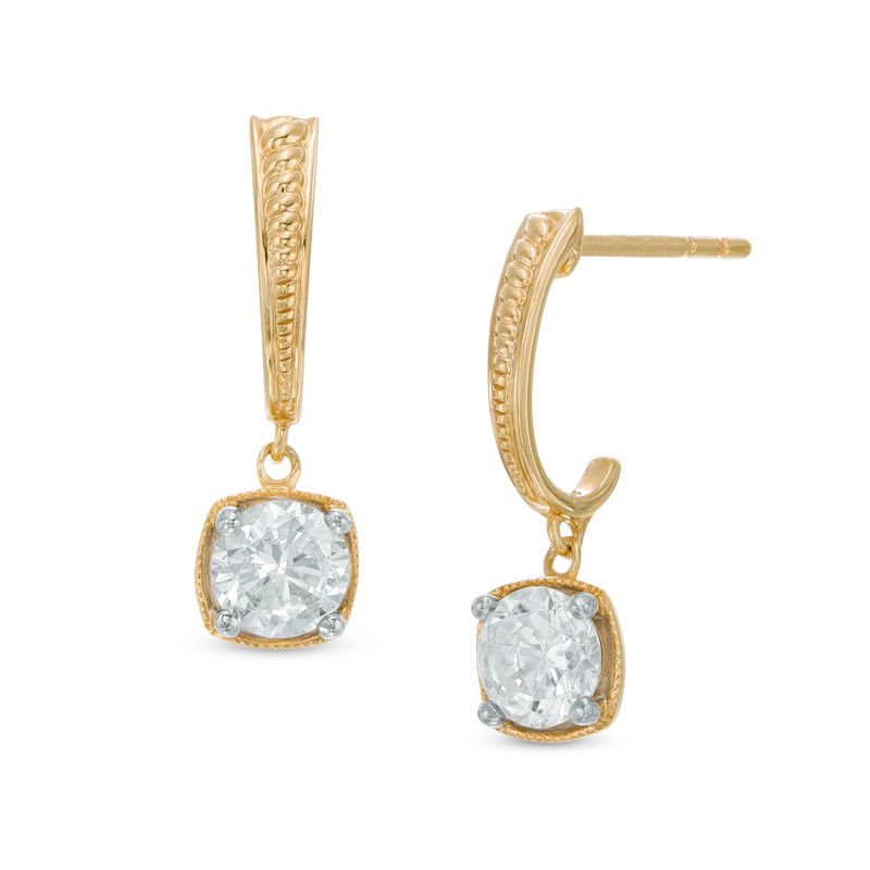 Main Image 1 of 1/2 CT. T.W. Diamond Beaded J-Hoop Drop Earrings in 10K Gold