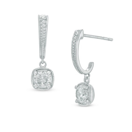 1/2 CT. T.w. Diamond Beaded J-Hoop Drop Earrings in 10K Gold